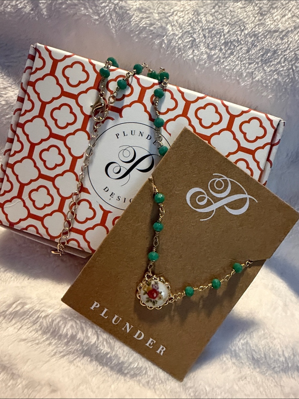 Plunder Gold-Tone Necklace with Green Beads and Floral Porcelain Pendant